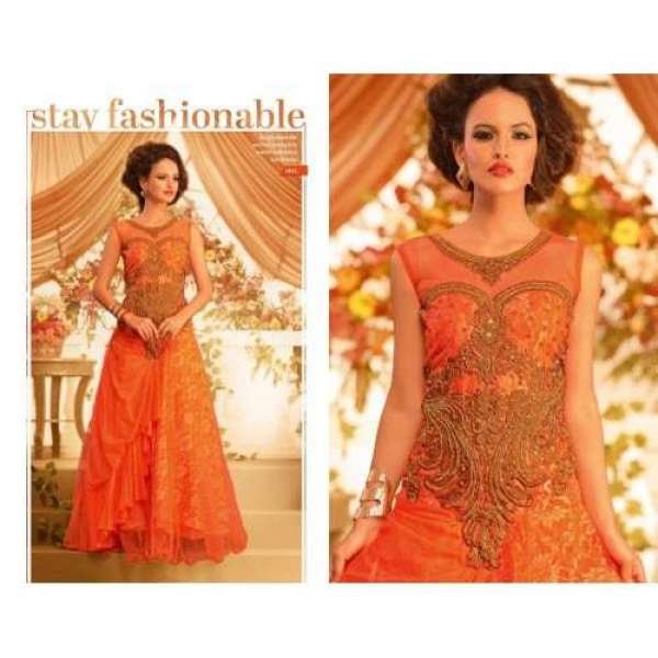 Orange Gold Long Dress Readymade Indian Saree Gown 