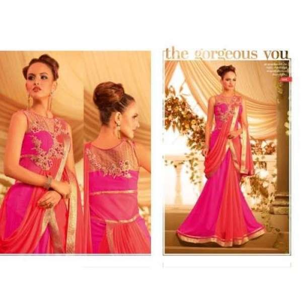 Pink Gold Long Dress Indian Saree Gown 