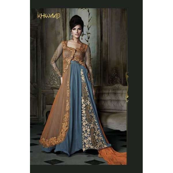 Blue & Orange Wedding Gown Indian Designer Anarkali Dress