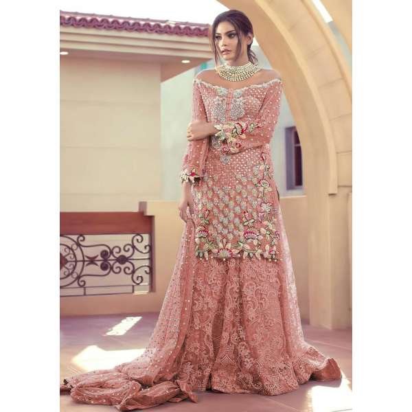 Peach Heavy Embellished Net Dress Party Wear Palazzo Suit