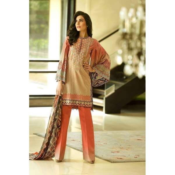 Orange Printed Crescent Lawn Casual Salwar Suit