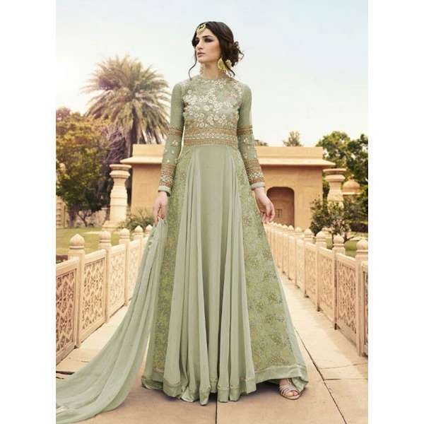 7108-C GREEN GLOSSY WEDDING WEAR LEHENGA GOWN