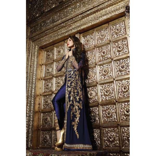 Navy Blue Dress Gold Contrast Front Slit Maxi Gown 