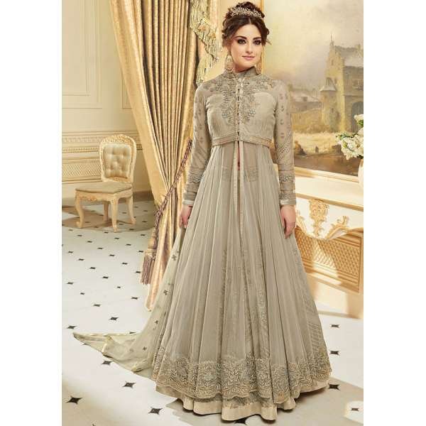 BEAUTEOUS GREY INDIAN & PAKISTANI DESIGNER PARTY AND WEDDING WEAR FANCY ANARKALI GOWN