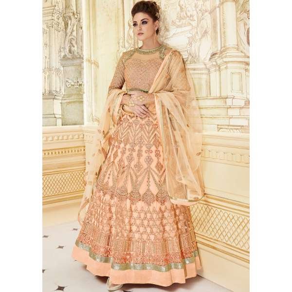 ENIGMATIC PEACH INDIAN & PAKISTANI DESIGNER PARTY AND WEDDING WEAR FANCY LEHENGA