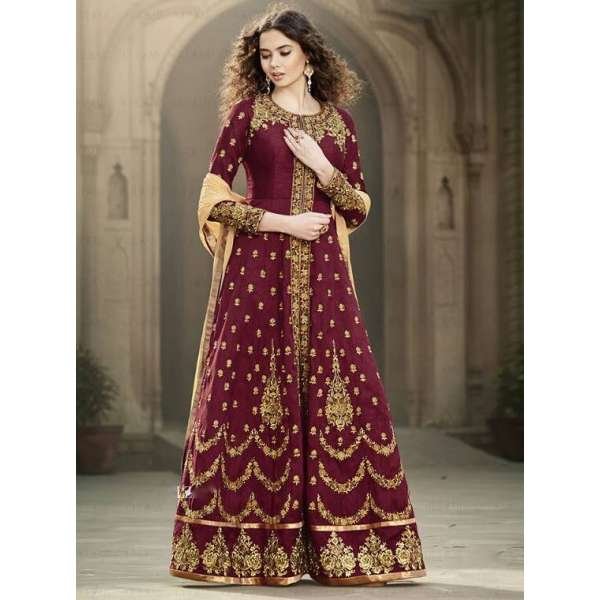 Maroon Embroidered Anarkali Dress Pakistani Gown