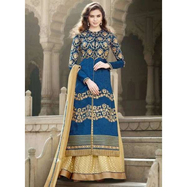 Blue & Beige Embroidered Lehenga Indian Wedding Dress