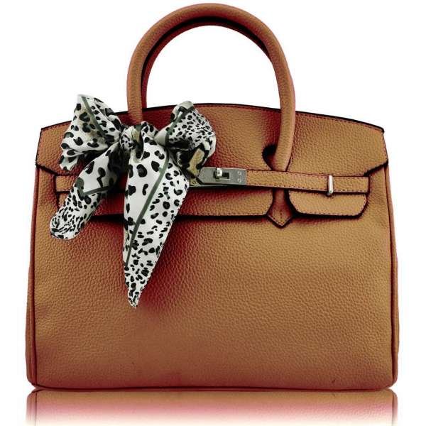 LS00141A - Light Brown Fashion Scarf Tote Designer Handbag