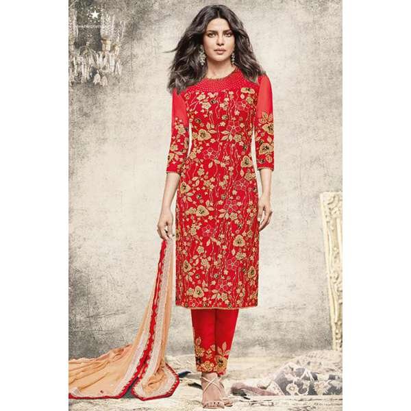 ZH5190 RED HEROINE STARDIVA PRIYANKA CHOPRA GEORGETTE STRAIGHT CUT SUIT