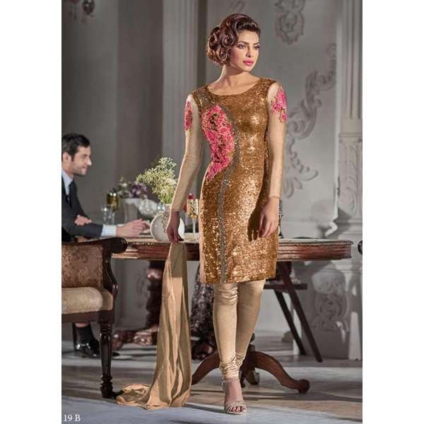 HR5119-C GOLD HEROINE PRIYANKA CHOPRA STRAIGHT CUT DRESS