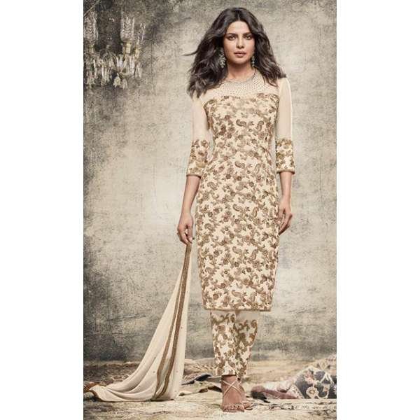 5153-G BEIGE HEROINE STARDIVA PRIYANKA CHOPRA GEORGETTE STRAIGHT CUT SEMI STITCHED SUIT