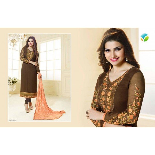 Brown Gold Embroidered Pakistani Designer Suit