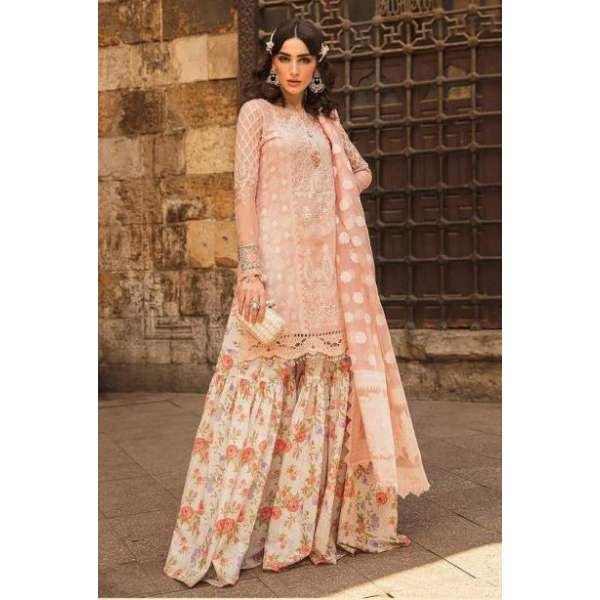 Coral Pink Pakistani Designer Ethnic Embroidered Gharara Style Suit