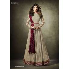 Beige Jacquard Anarkali Suit With Velvet Shawl