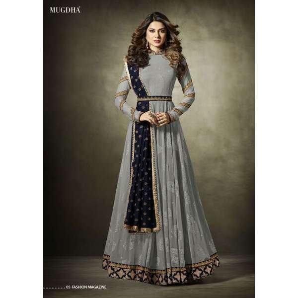  Grey Maxi Gown Jacquard Anarkali Suit With Velvet Shawl