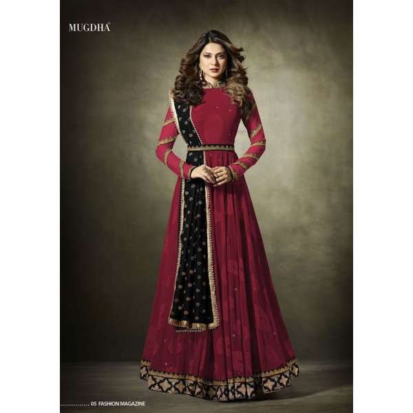11019 Stunning Red Lycra Jacquard Semi Stitched Anarkali Suit With Velvet Shawl