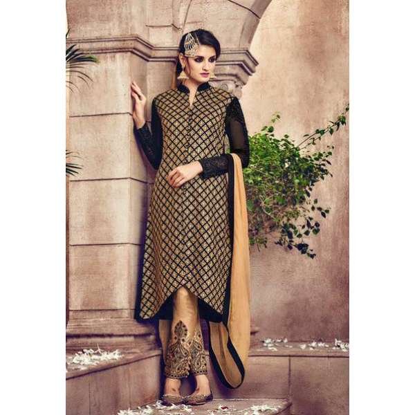 Omtex 81 Beige And Black Georgette Straight Cut Suit