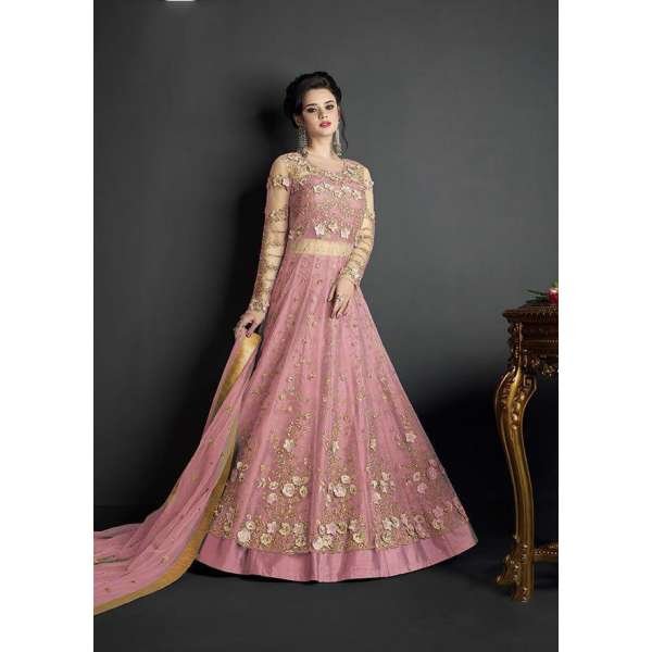 Pink Party Dress Heavy Embroidered Net Indian Gown 