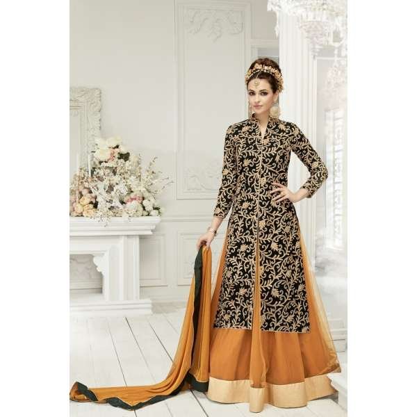 Black & Mustard Embroidered Indian Designer Lehenga Set