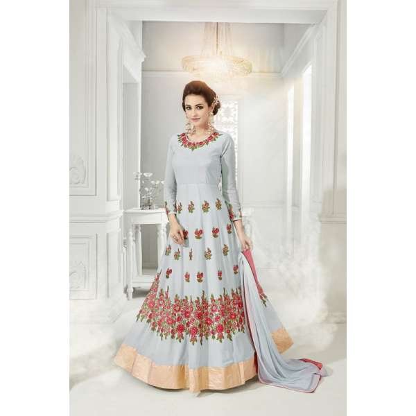 Steel Blue Indian Zari Embroidered Anarkali Suit