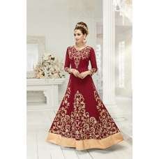 Dark Red & Gold Embroidered Georgette Anarkali Suit