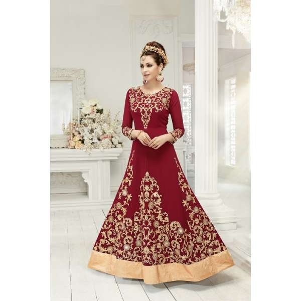 Dark Red & Gold Embroidered Georgette Anarkali Suit