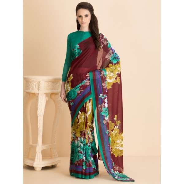 ACS-05 RAMA GREEN FLORAL PRINTED FULL SLEEVE BLOUSE UNSTITCHED SAREE
