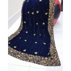 Long Blue Embroidered Velvet Shawl