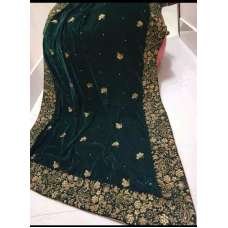 Long Green Embroidered Velvet Shawl