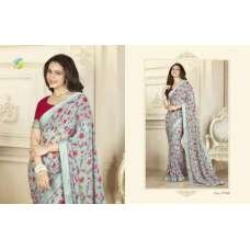 Light Grey Floral Printed Saree with Red Blouse