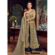BEIGE AND BLUE HEAVY EMBROIDERED INDIAN WEDDING PALAZZO DRESS BEIGE AND BLUE HEAVY EMBROIDERED INDIAN WEDDING PALAZZO DRESS
