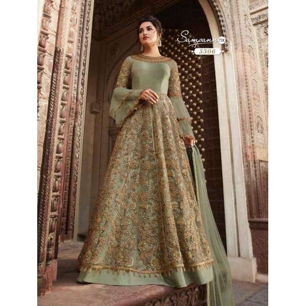 Light Green Pakistani Designer Heavy Embroidered Anarkali Dress