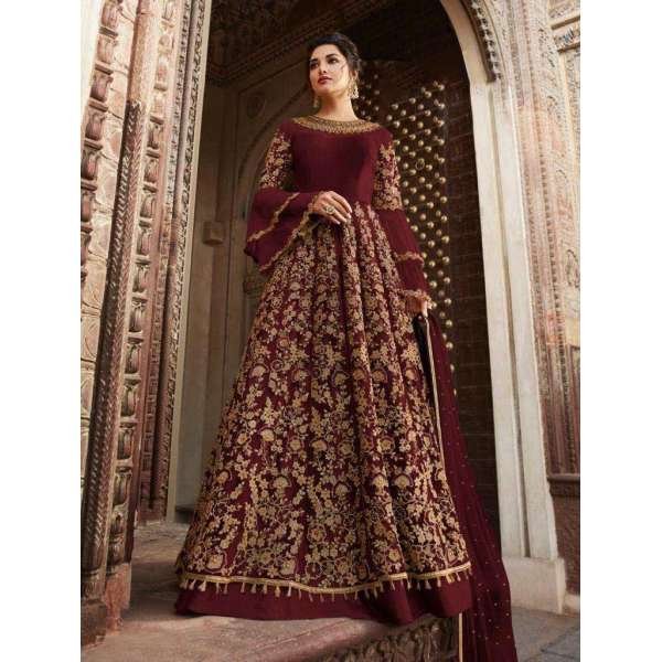 Maroon Embroidered Anarkali Suit Asian Wedding Gown