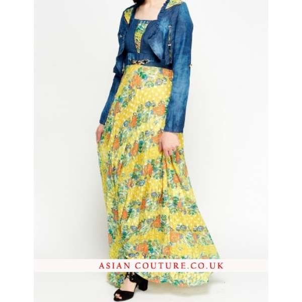 Stunning Floral Denim Bolero Maxi Dress