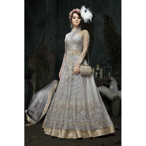 Grey Indian Designer Gown Asian Bride Evening Dress